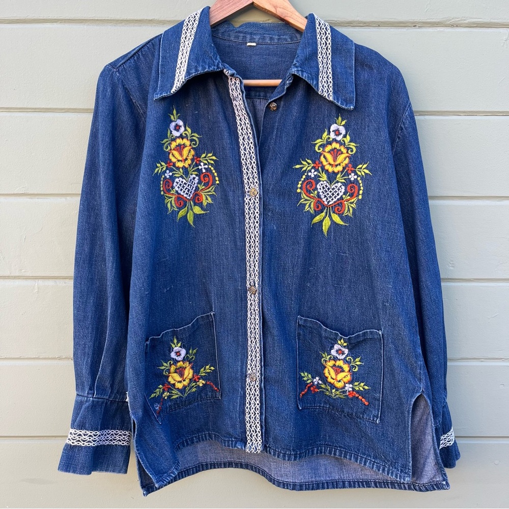 Vintage 70's M embroidered denim shirt folk tunic